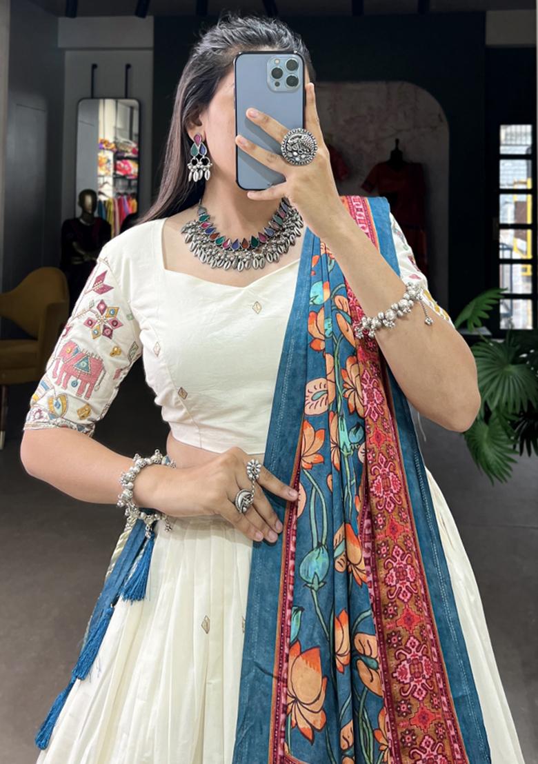 Blue Embroiderd Cotton Lehenga Set - Indya