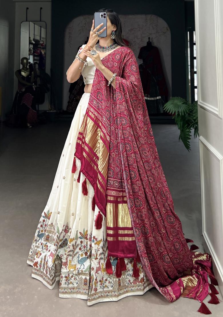 Maroon Embroiderd Cotton Lehenga Set - Indya