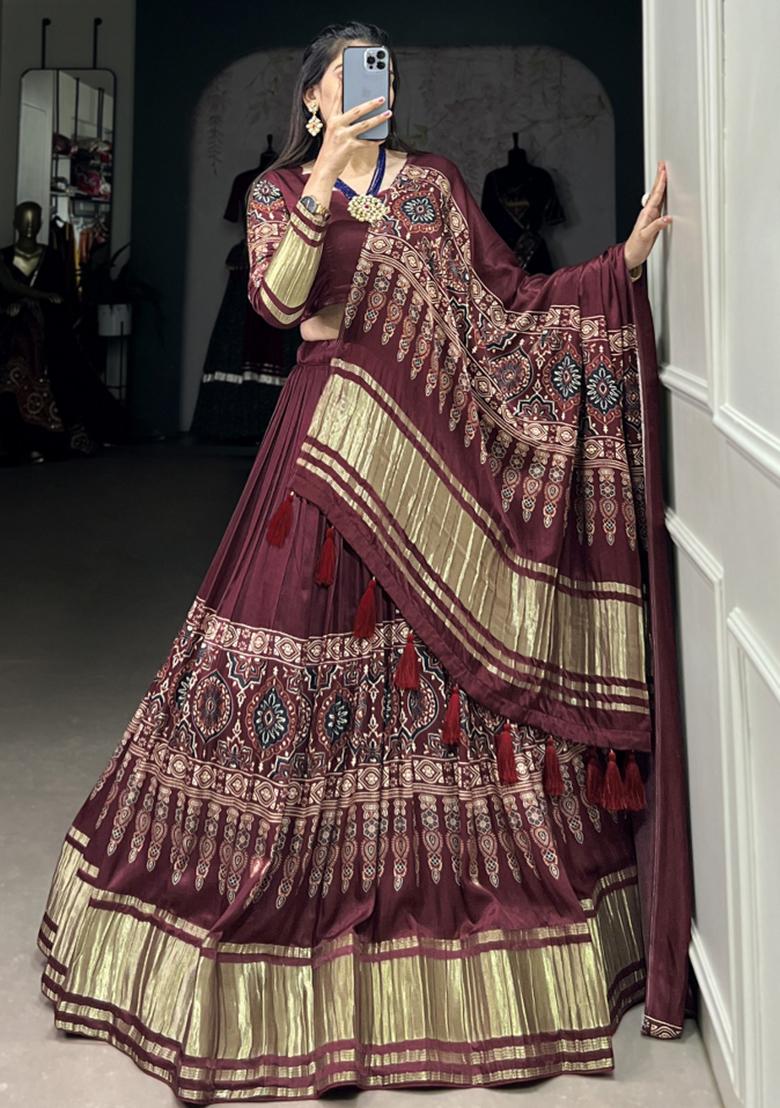 Maroon Embroiderd Silk Lehenga Set - Indya