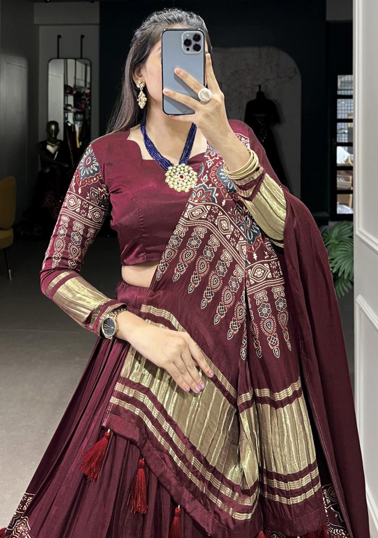 Maroon Embroiderd Silk Lehenga Set - Indya