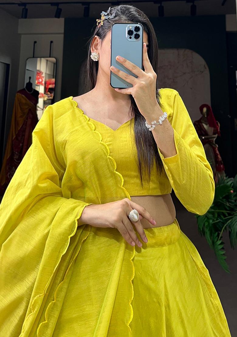 Yellow Embroiderd Silk Lehenga Set - Indya