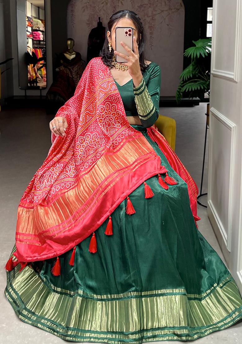 Green Embroiderd Silk Lehenga Set - Indya