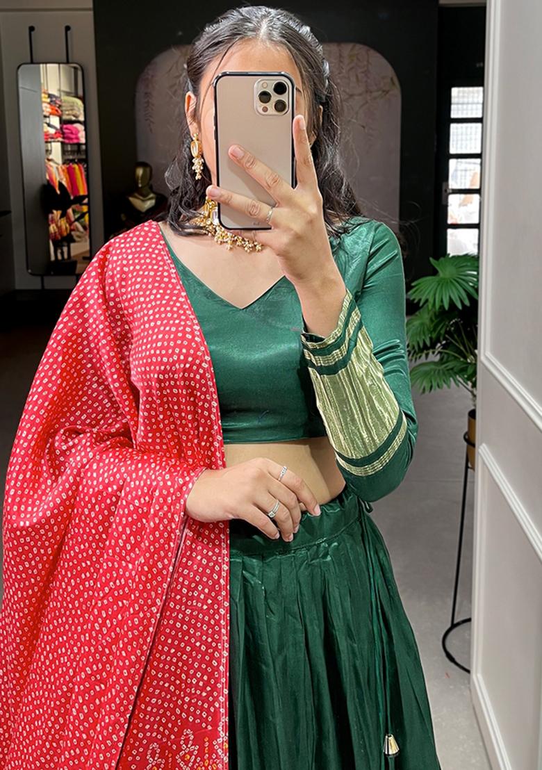 Green Embroiderd Silk Lehenga Set - Indya