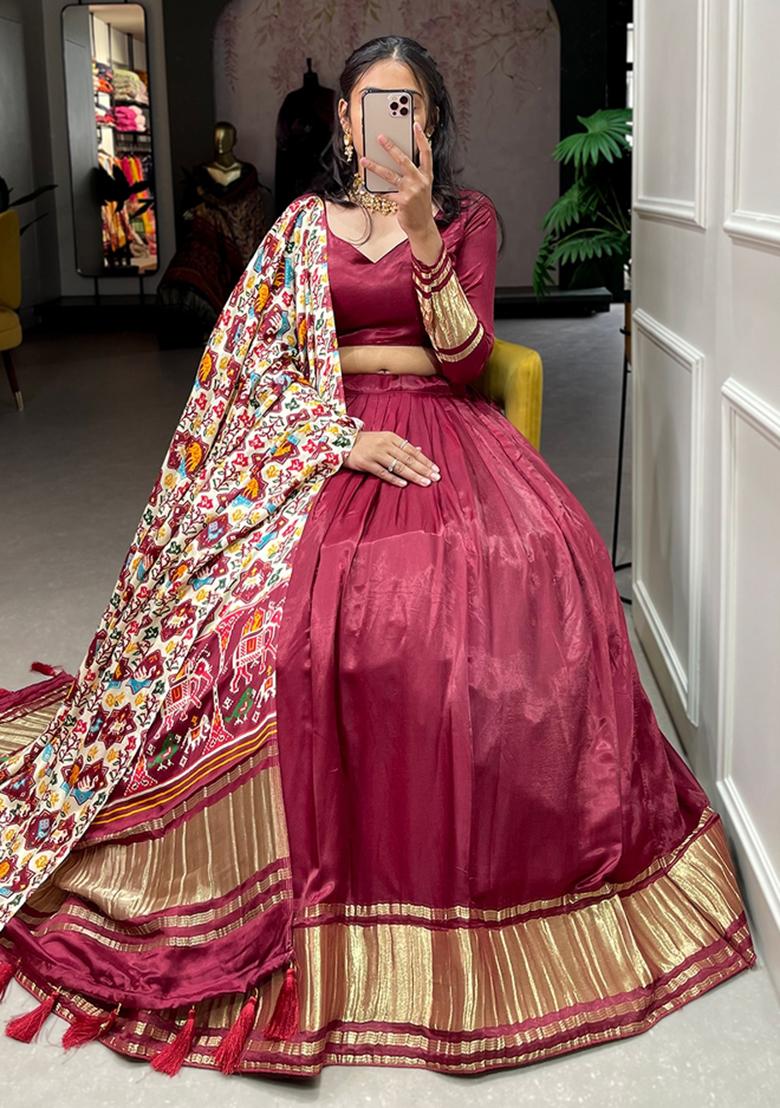 Maroon Embroiderd Silk Lehenga Set - Indya