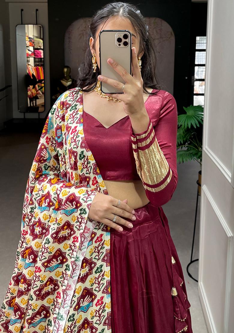 Maroon Embroiderd Silk Lehenga Set - Indya