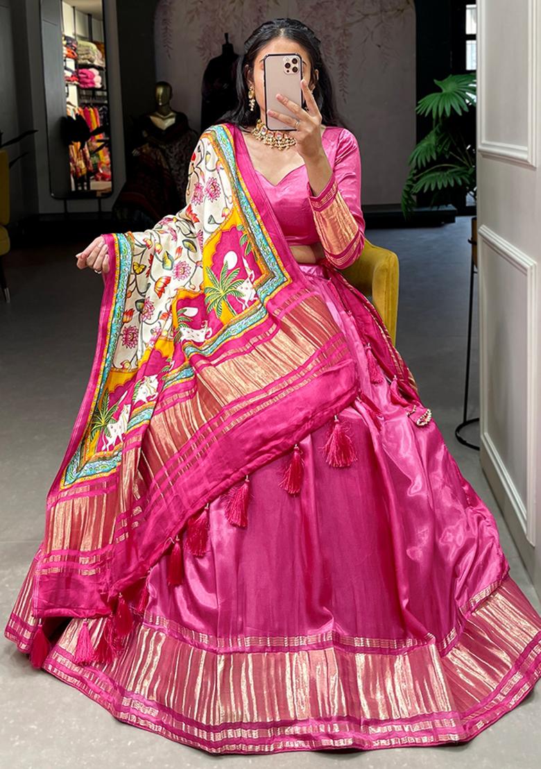 Pink Embroiderd Silk Lehenga Set - Indya