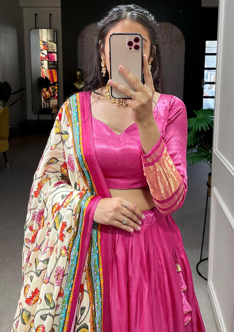 Pink Embroiderd Silk Lehenga Set - Indya