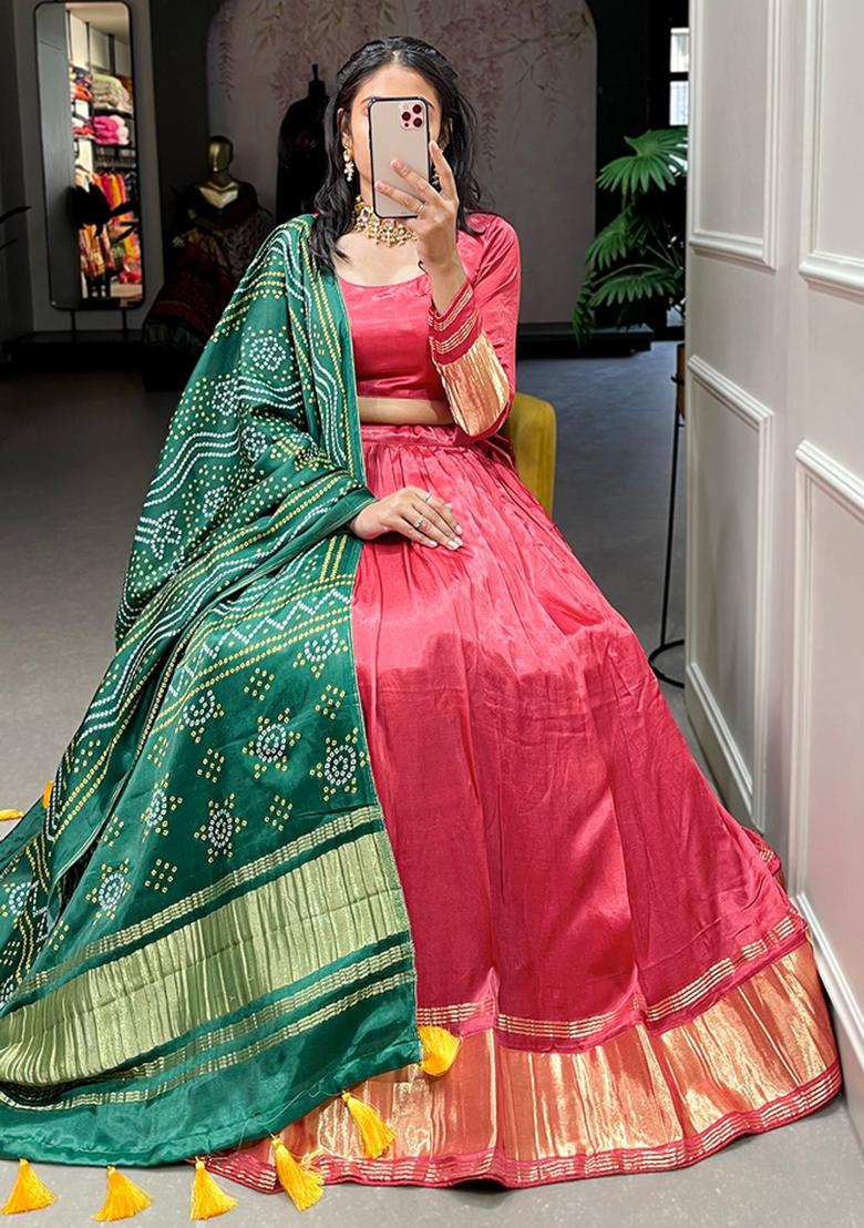 Red Embroiderd Silk Lehenga Set - Indya