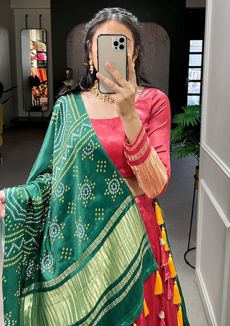 Red Embroiderd Silk Lehenga Set - Indya