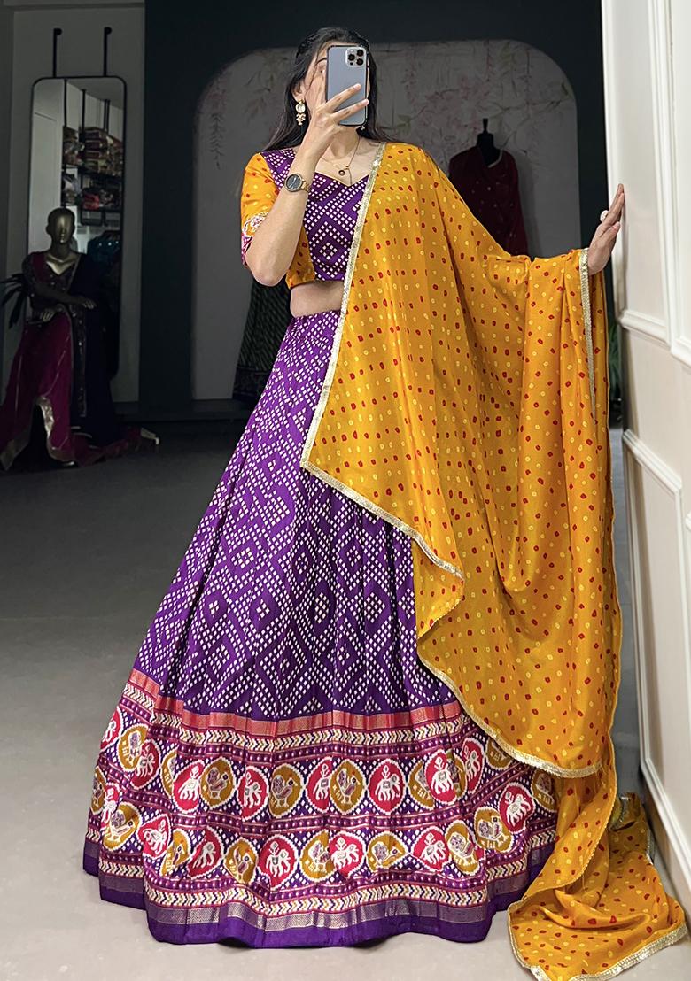 Purple Embroiderd Silk Lehenga Set - Indya