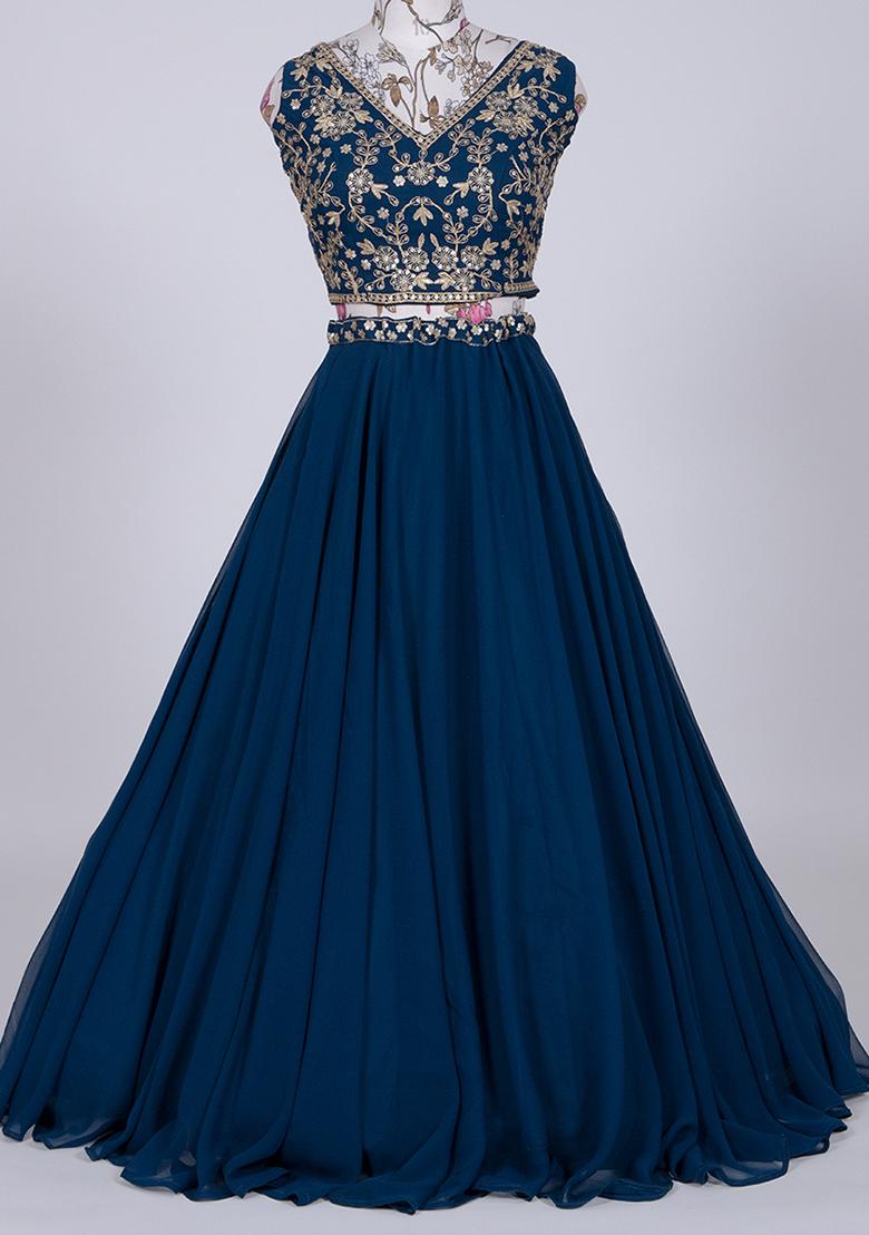 Blue Embroiderd Georgette Lehenga Set - Indya