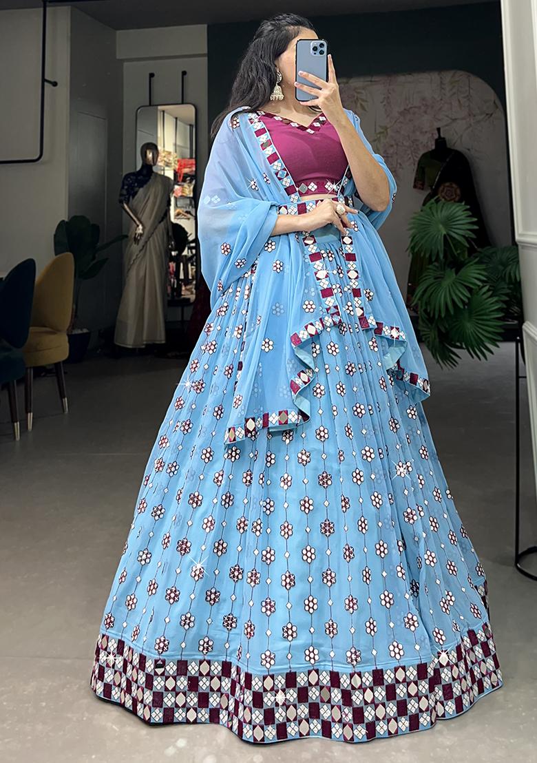 Blue Embroiderd Georgette Lehenga Set - Indya