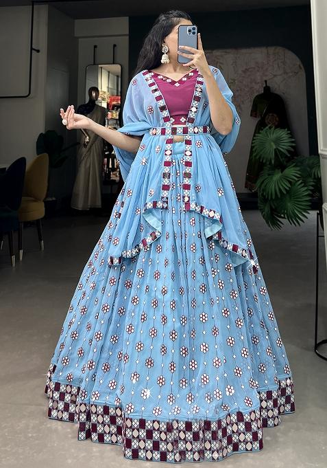 Blue Embroiderd Georgette Lehenga Set