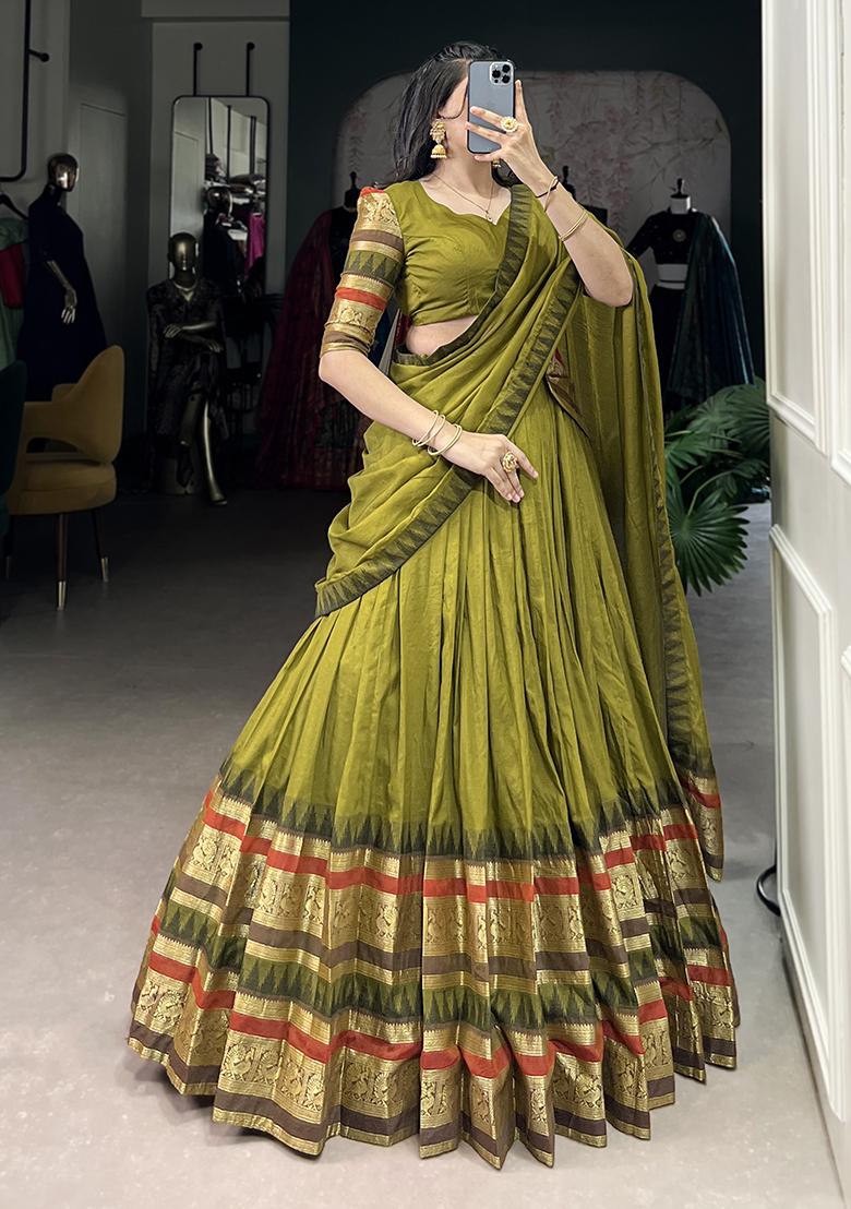 Green Embroiderd Chanderi Lehenga Set - Indya