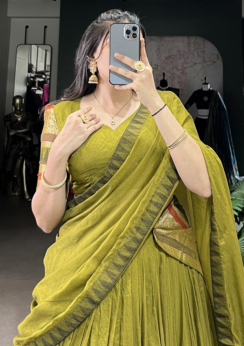 Green Embroiderd Chanderi Lehenga Set - Indya