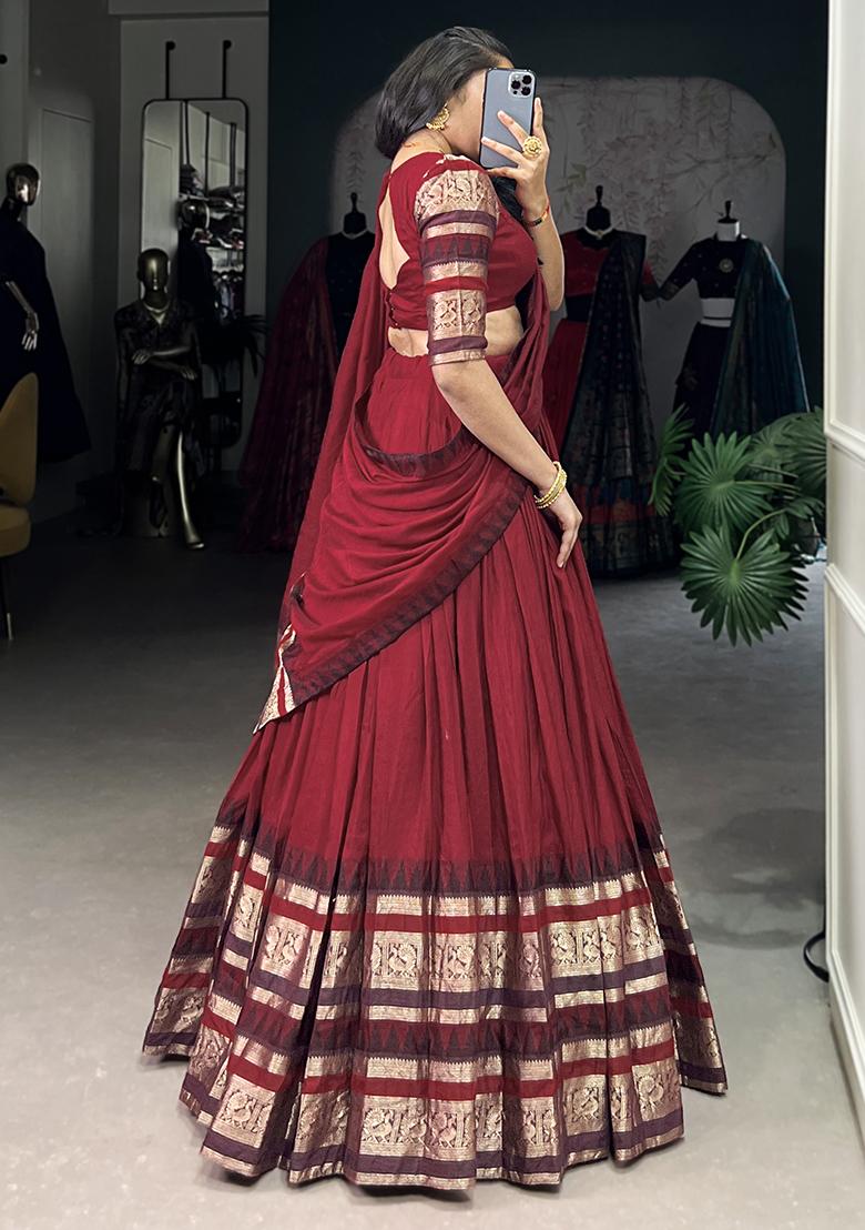 Red Embroiderd Chanderi Lehenga Set - Indya