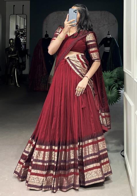 Red Embroiderd Chanderi Lehenga Set