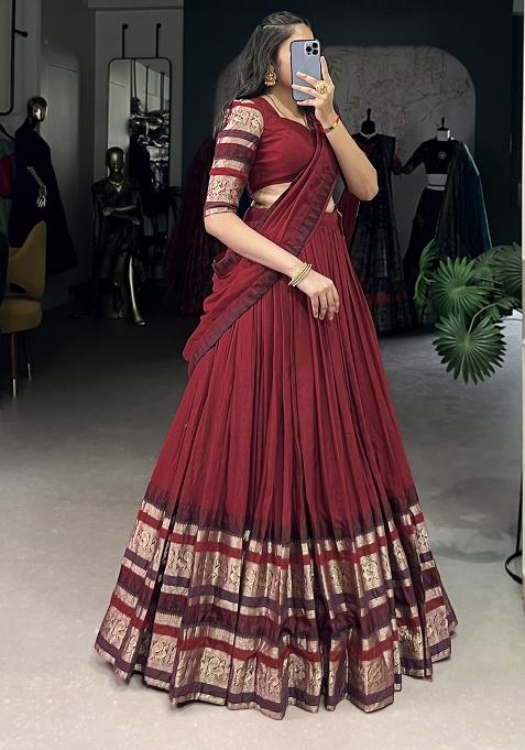 Red Embroiderd Chanderi Lehenga Set
