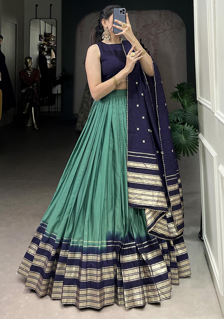 Blue Embroiderd Chanderi Lehenga Set - Indya