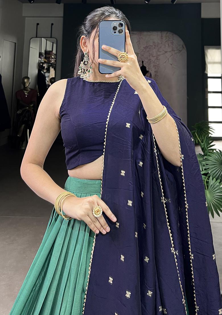 Blue Embroiderd Chanderi Lehenga Set - Indya