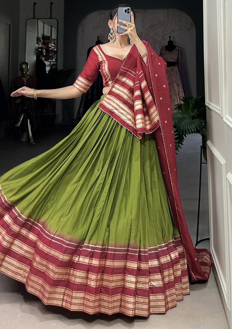 Green Embroiderd Chanderi Lehenga Set - Indya