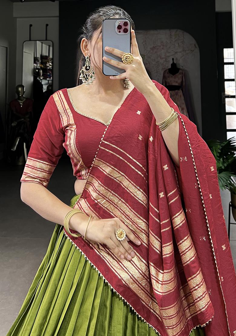 Green Embroiderd Chanderi Lehenga Set - Indya