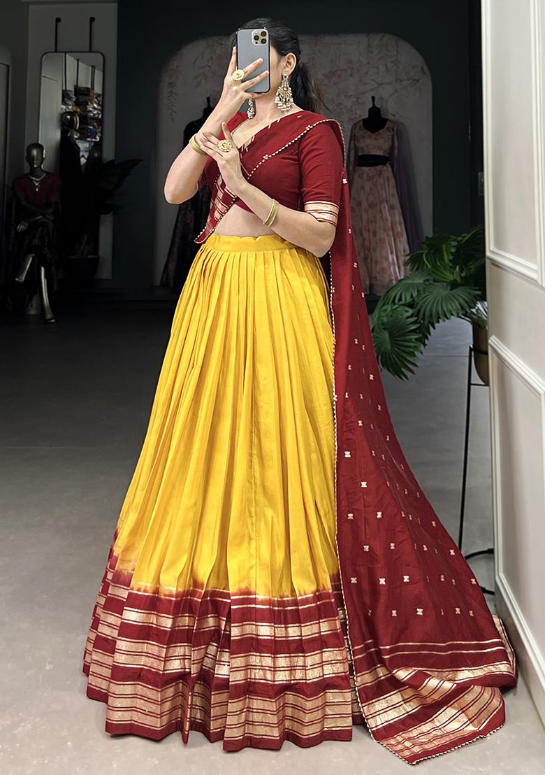 Yellow Embroiderd Chanderi Lehenga Set - Indya