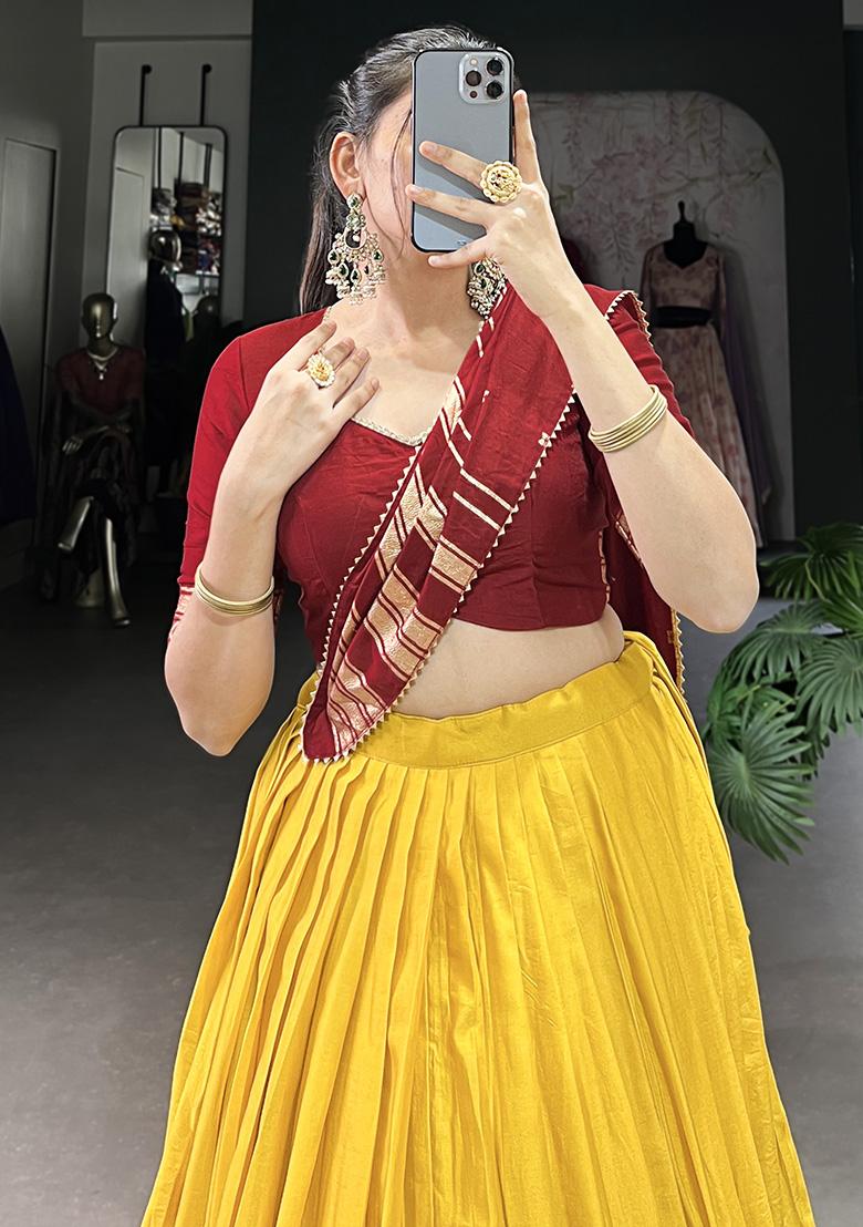 Yellow Embroiderd Chanderi Lehenga Set - Indya