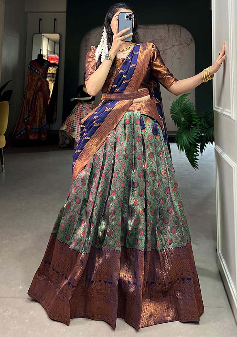 Green Embroiderd Silk Lehenga Set - Indya