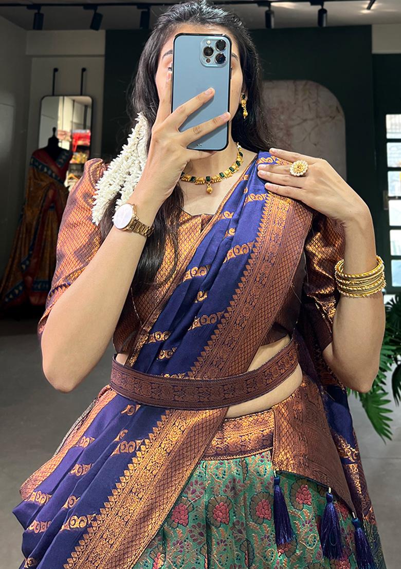 Green Embroiderd Silk Lehenga Set - Indya