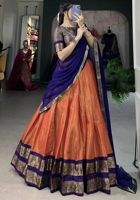 Orange Embroiderd Blended Lehenga Set