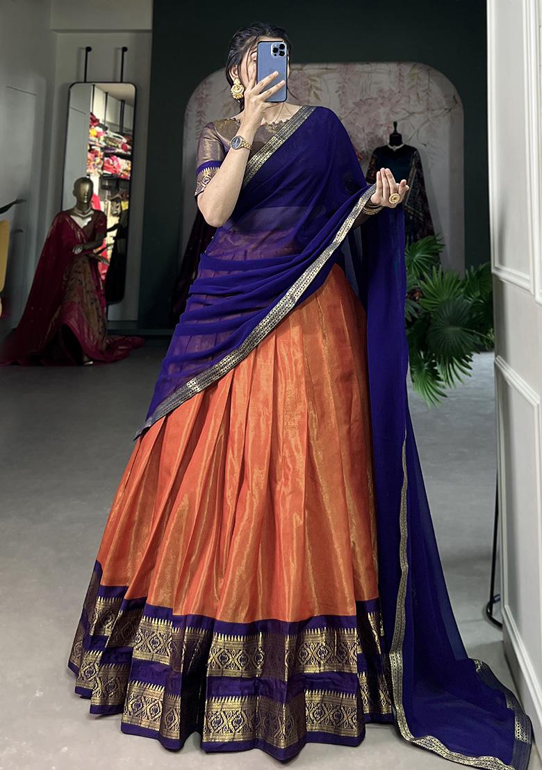 Orange Embroiderd Blended Lehenga Set - Indya