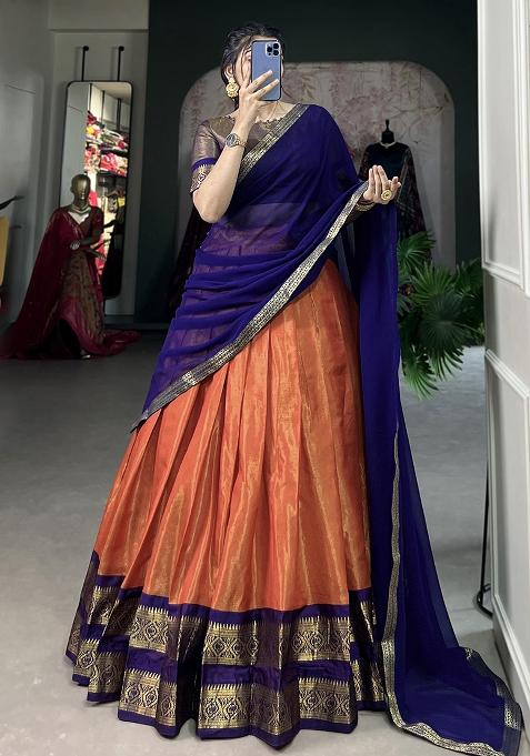 Orange Embroiderd Blended Lehenga Set