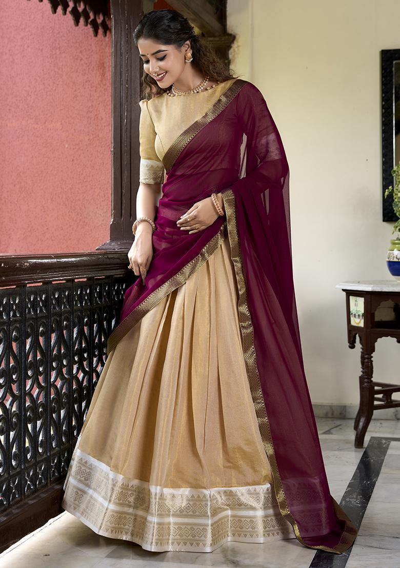 White Embroiderd Blended Lehenga Set - Indya