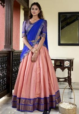 Peach Embroiderd Blended Lehenga Set