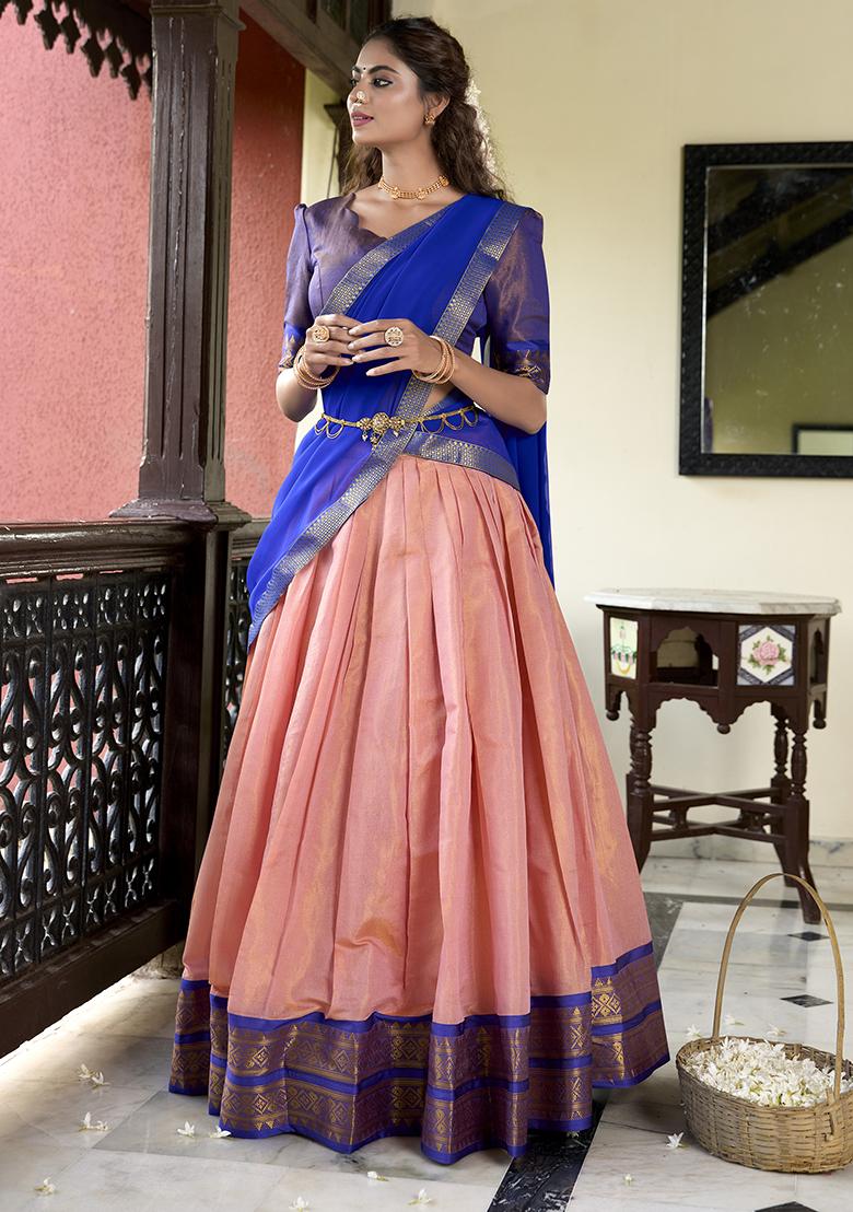 Peach Embroiderd Blended Lehenga Set - Indya