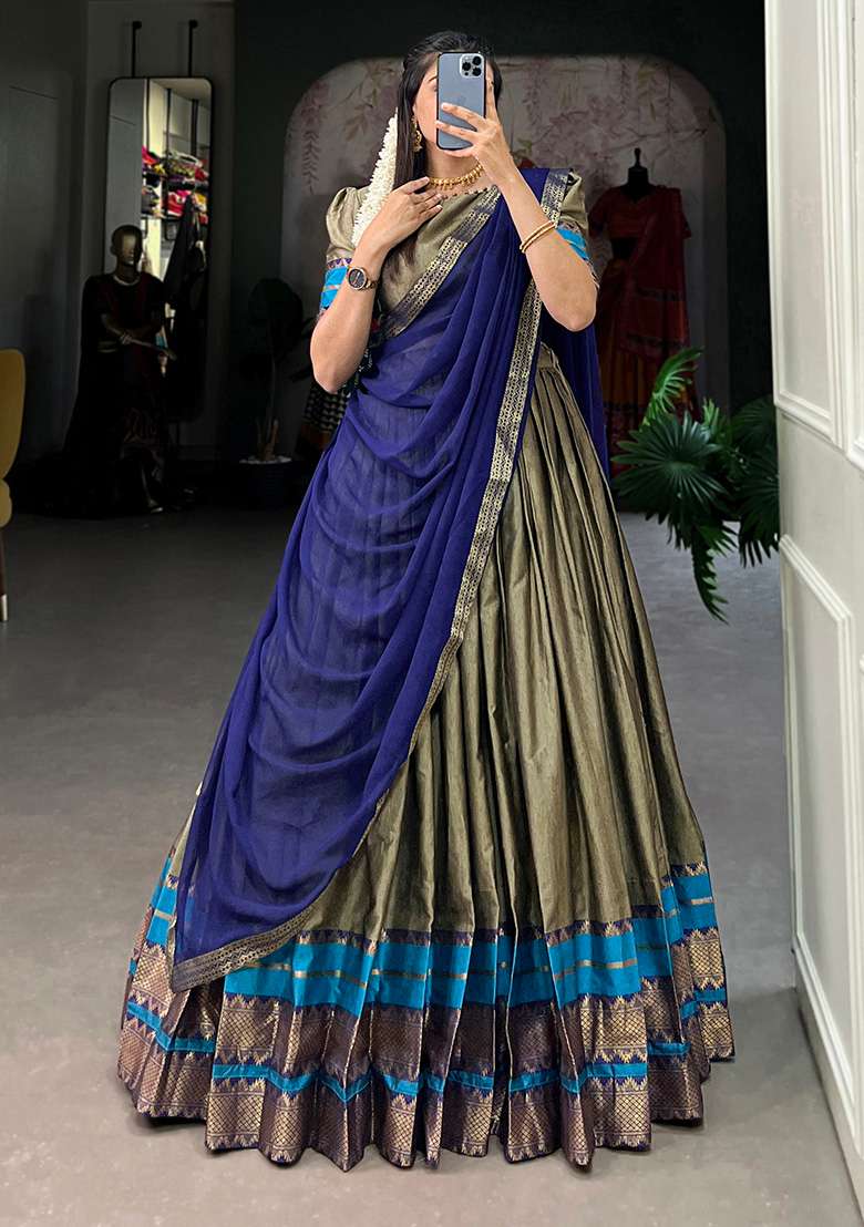 Brown Embroiderd Cotton Lehenga Set - Indya