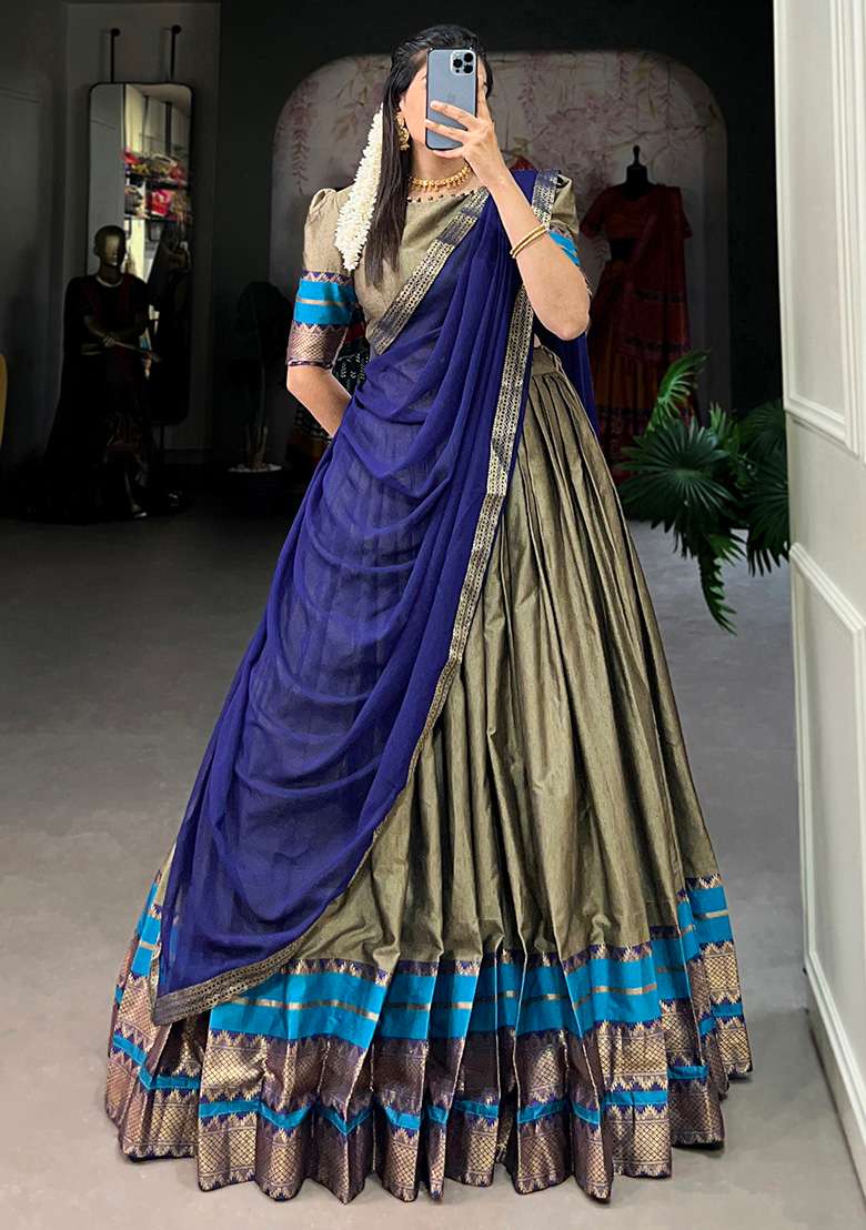 Brown Embroiderd Cotton Lehenga Set - Indya