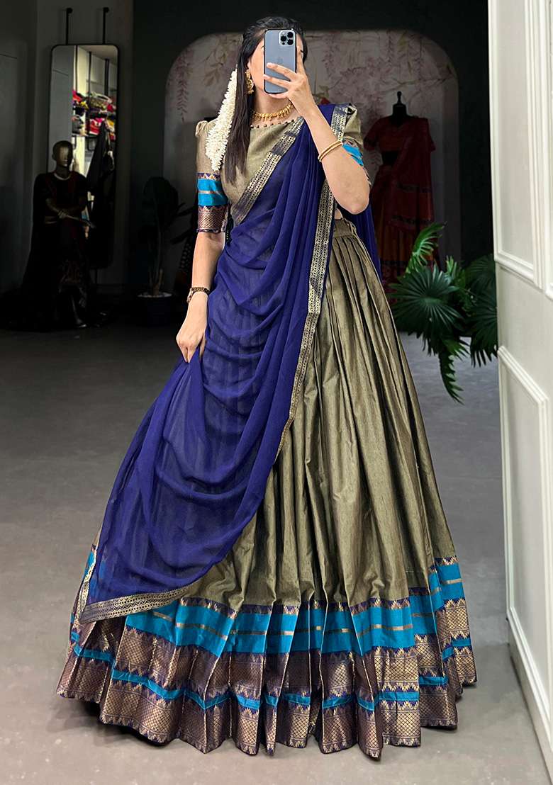 Brown Embroiderd Cotton Lehenga Set - Indya