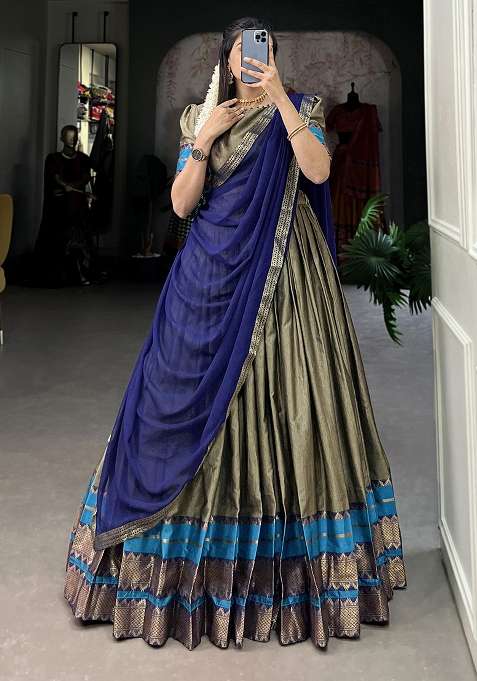 Brown Embroiderd Cotton Lehenga Set
