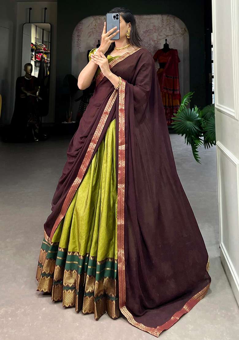 Green Embroiderd Cotton Lehenga Set - Indya