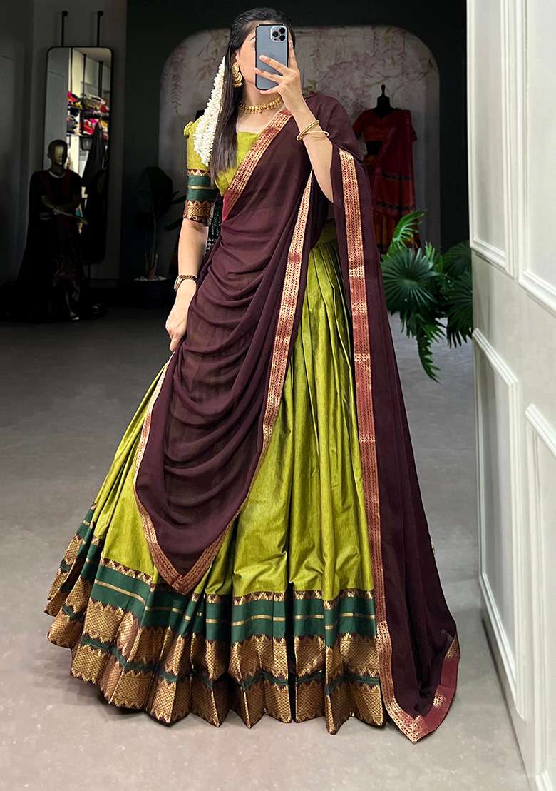 Green Embroiderd Cotton Lehenga Set - Indya