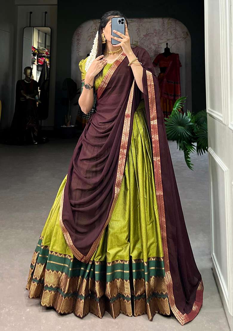 Green Embroiderd Cotton Lehenga Set - Indya