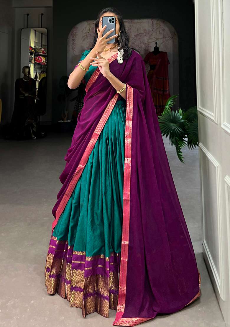 Blue Embroiderd Cotton Lehenga Set - Indya
