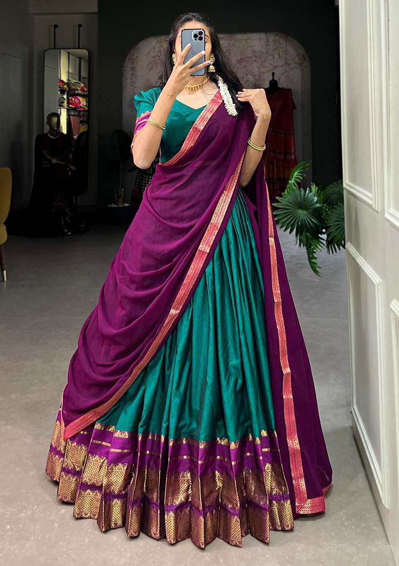 Blue Embroiderd Cotton Lehenga Set - Indya