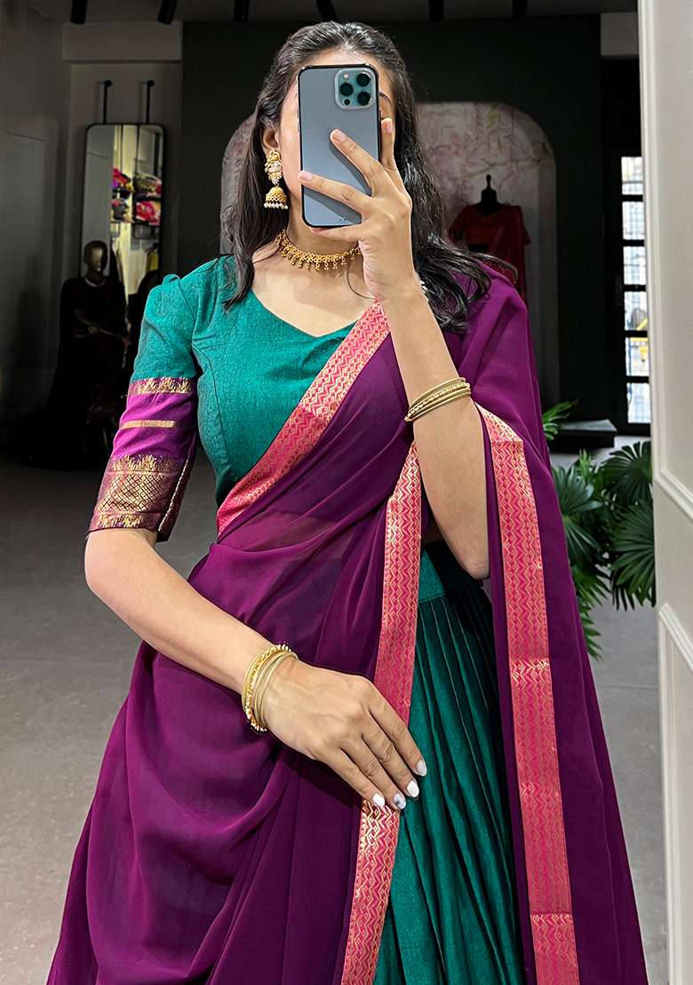 Blue Embroiderd Cotton Lehenga Set - Indya