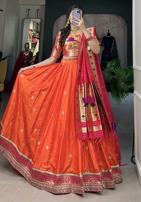 Orange Embroiderd Silk Lehenga Set