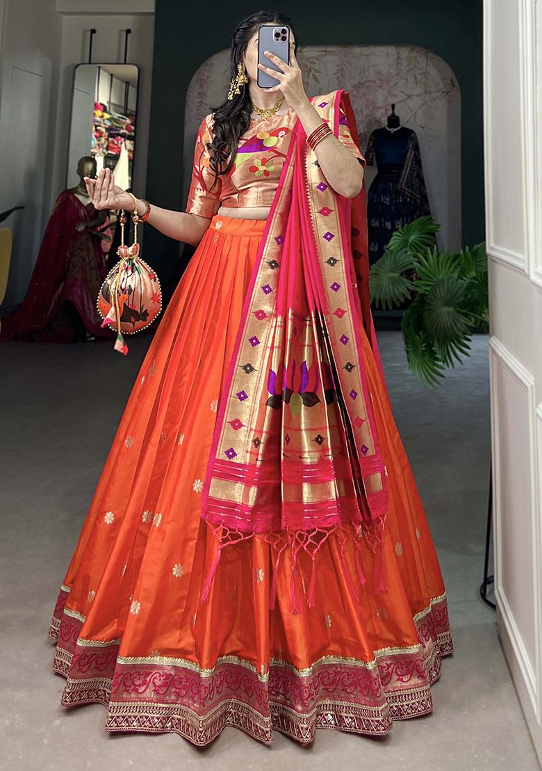Orange Embroiderd Silk Lehenga Set - Indya