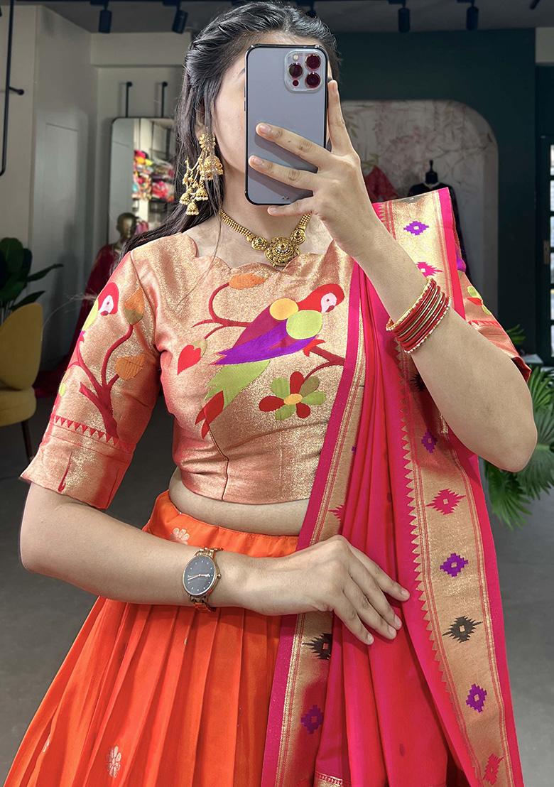 Orange Embroiderd Silk Lehenga Set - Indya