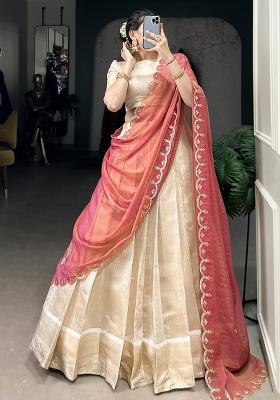 White Embroiderd Jacquard Lehenga Set